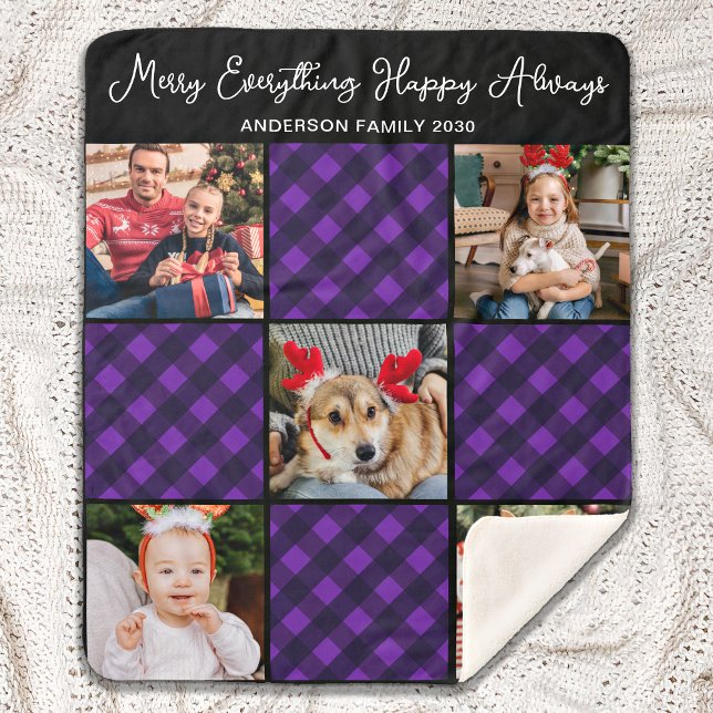Family 5 Photo Collage Personalised Holiday Plaid  Sherpa Blanket (Creator Uploaded)