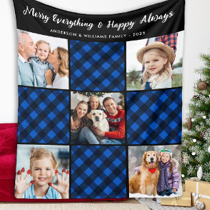 Family 5 Picture Patchwork Personalised Blue Plaid Fleece Blanket
