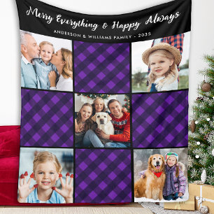 Family 5 Picture Personalised Holiday Plaid Quilt Fleece Blanket