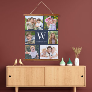 Family 6 Photo Collage Blue Hanging Tapestry