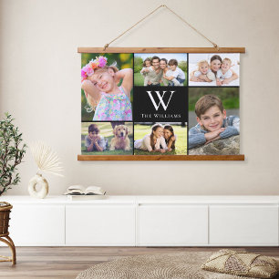 Family 6 Photo Collage Monogram Black Hanging Tapestry