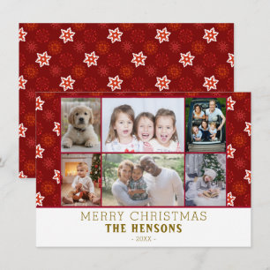Family 6 Photo Collage Red Snowflakes Christmas Holiday Card