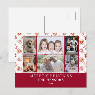 Family 6 Photo Collage Red Snowflakes Christmas Holiday Postcard