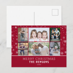 Family 6 Photo Collage Red Snowflakes Christmas Holiday Postcard