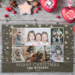 Family 6 Photo Collage Snowflakes Merry Christmas Tea Towel<br><div class="desc">Family 6 Photo Collage Snowflakes Merry Christmas kitchen towel. Cute modern Christmas design with a snowflake pattern on dark brown background,  6 photos,  Merry Christmas wish,  family name and year. Add 6 favourite photos and customise the text. Sweet Christmas keepsake or gift for your family and friends.</div>