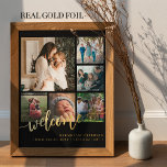 Family 6 photo collage welcome new baby foil prints<br><div class="desc">Elegant modern welcome gold foil handwritten calligraphy script with six custom family photos solid black keepsake poster template.              Personalise it with the newborn name and stats. Please note that the background colour is changeable. You can replace the black with any other colour after selecting CUSTOMIZE option.</div>