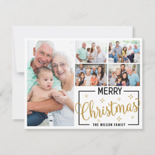 Family 7 Photo Collage White Gold Merry Christmas Holiday Card