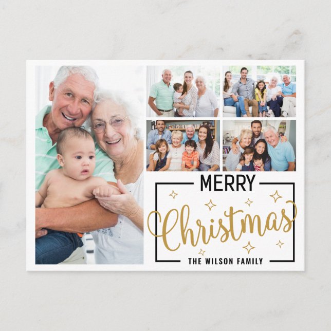 Family 7 Photo Collage White Gold Merry Christmas Holiday Postcard (Front)