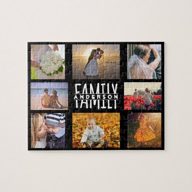 Family 8 Photo Collage and Name DIY Template Black Jigsaw Puzzle (Horizontal)