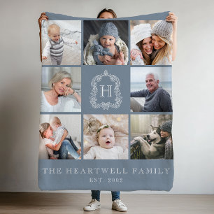 Family 8 Photo Collage Monogram Crest Dusty Blue Fleece Blanket