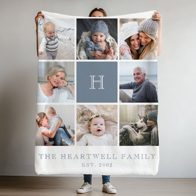 Family 8 Photo Collage Monogram Dusty Blue Fleece Blanket (Creator Uploaded)