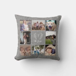 Family 8 photo collage monogram name rustic burlap cushion