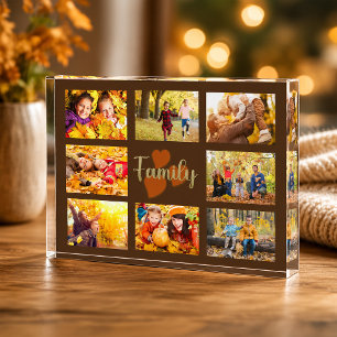 Family 8 Photo Fall Autumn Brown Gold Hearts Block