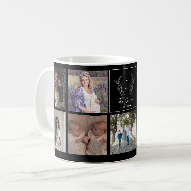 Family 9 photo collage monogram name personalised coffee mug (Front Left)