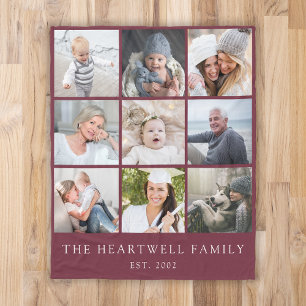 Family 9 Photo Collage Personalised Burgundy Fleece Blanket