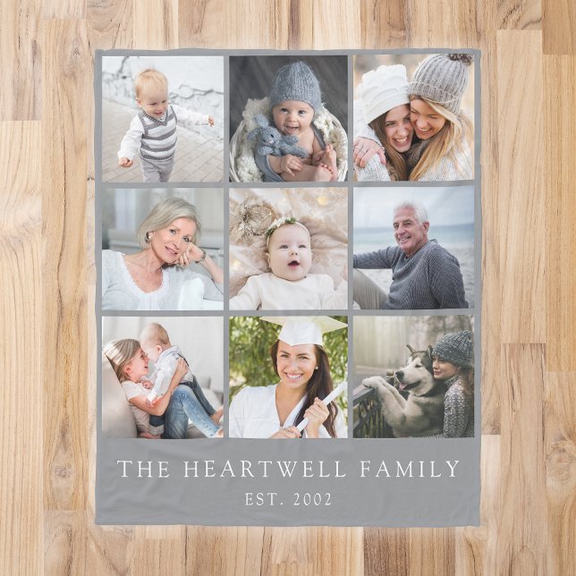 Family 9 Photo Collage Personalised Grey Fleece Blanket (Creator Uploaded)