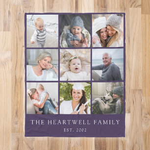 Family 9 Photo Collage Personalised Purple Fleece Blanket