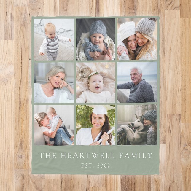 Family 9 Photo Collage Personalised Sage Green Fleece Blanket (Creator Uploaded)