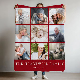 Family 9 Photo Collage Personalized Cranberry Red Fleece Blanket