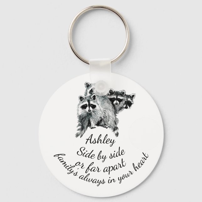 Family Always in Your Heart Quote Cute Raccoons Key Ring (Front)