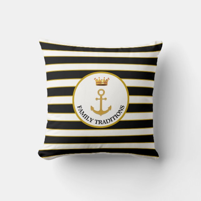 Family Anchor & Crown on Black & White Striped Cushion (Front)