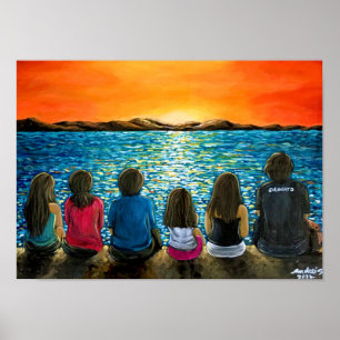 Family and beach sunset painting poster