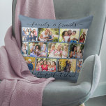 Family and Friends Quote 12 Photo Collage Blue Cushion<br><div class="desc">Create your own photo pillow with 12 of your favourite photos. The design has an elegant handwritten quote which reads "family & frieds make the perfect blend" and you can edit this if you wish. The photo template is set up for you to add your own pictures, which are laid...</div>