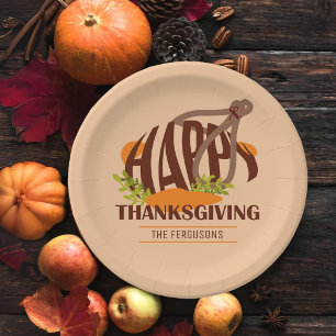 Family Artistic Thanksgiving Turkey Brown & Orange Paper Plate