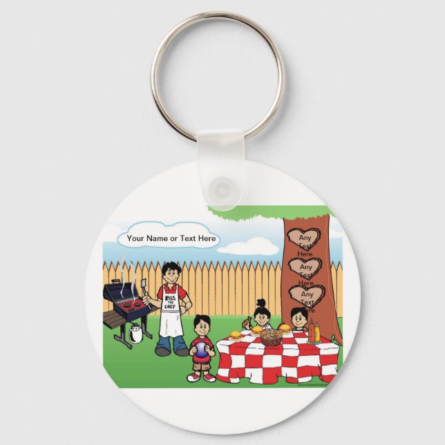 Family BBQ, Single Dad, 2 Boys, 1 Girl Cartoon  Key Ring (Front)