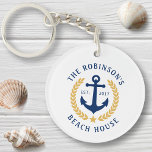 Family Beach House Anchor Gold Laurel Star 2 Sided<br><div class="desc">A double sided, nautical themed acrylic keychain with your personalised family name and beach house, lake house, or other desired text and established date. Features a custom designed boat anchor with gold style laurel leaves and a star on white or easily customise the base colour to match your current decor...</div>