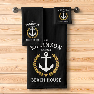 Family Beach House Anchor Gold Laurel Star Black Bath Towel Set