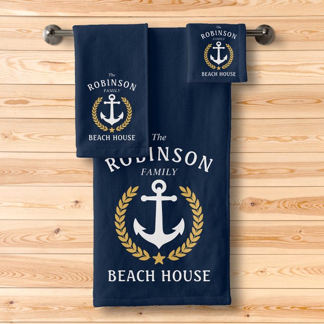 Family Beach House Anchor Gold Laurel Star Blue Bath Towel Set (Creator Uploaded)