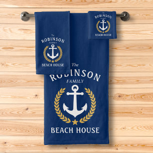 Family Beach House Anchor Gold Laurel Star Navy Bath Towel Set