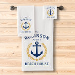 Family Beach House Anchor Gold Laurel Star White Bath Towel Set<br><div class="desc">Personalise your vacation home with an elegant nautical themed bath towel set displaying your family name, beach house, cabin or other desired text. This custom design features a vintage boat anchor, gold style laurel leaves with star emblem on a white background. The back of the towel set is white and...</div>