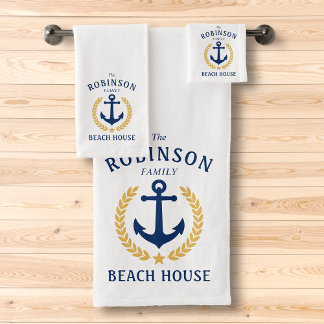 Family Beach House Anchor Gold Laurel Star White Bath Towel Set