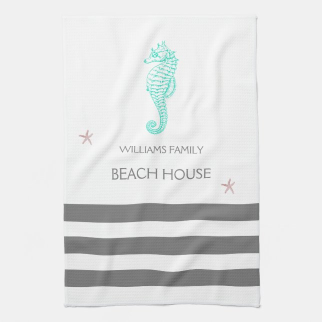 FAMILY  BEACH HOUSE SEAHORSE AND STARFISH TEA TOWEL (Vertical)