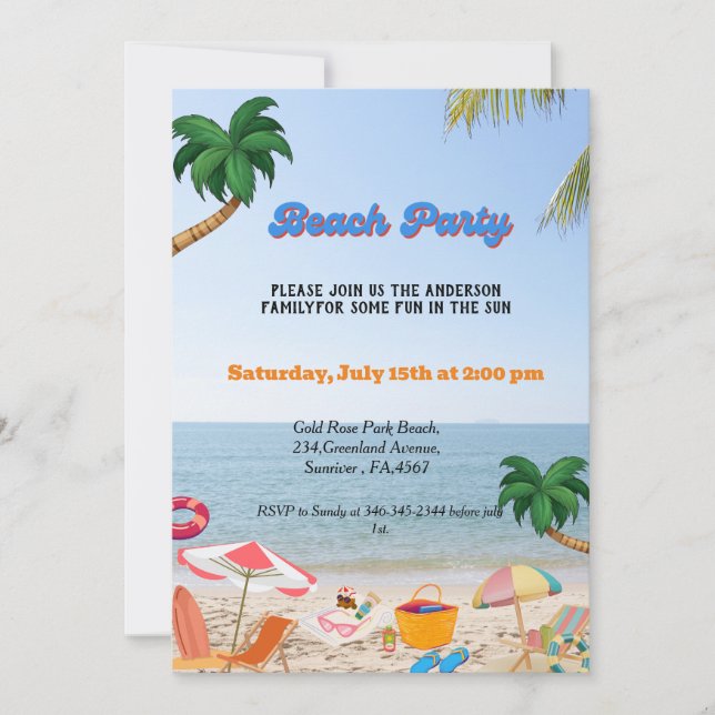 Family Beach party , summer party at the beach  Invitation (Front)
