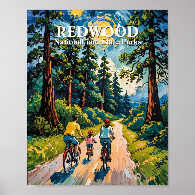 Family Bike Ride in Redwood National Park Painting Poster (Front)