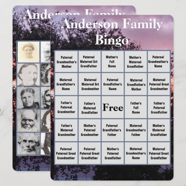 Family Bingo Card With Pink Purple Sunset Photo (Front/Back)