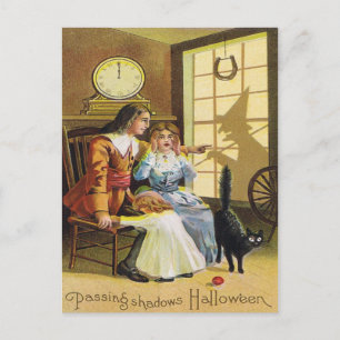 Family Black Cat Witch Shadow Horseshoe Postcard
