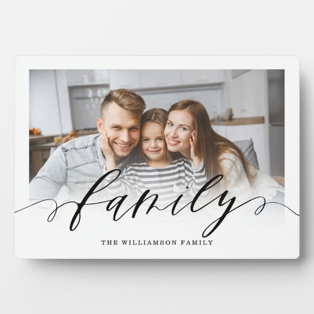 Family Black Script Overlay Modern Minimal Photo Plaque (Front)