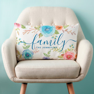 Family blue floral watercolor monogram script boho lumbar cushion