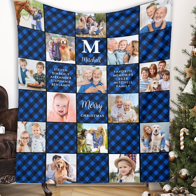 Family Blue Plaid Patchwork Customised 15 Picture Fleece Blanket (Creator Uploaded)
