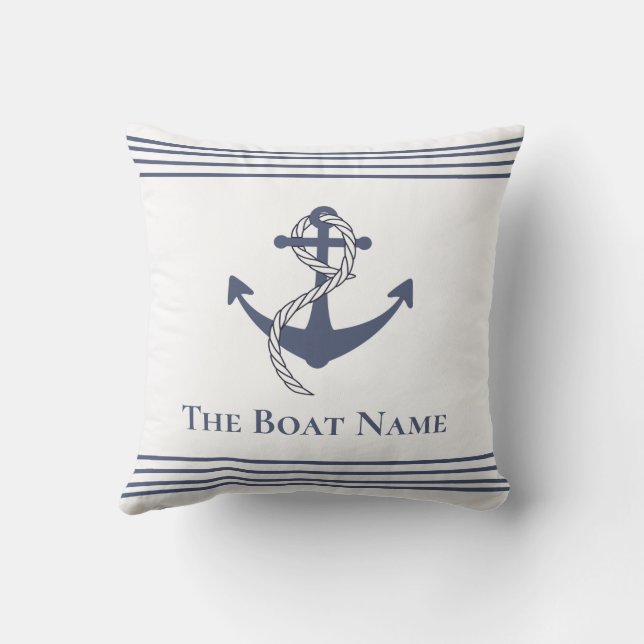 Family Boat Name White n Navy Blue Anchor Nautical Cushion (Back)