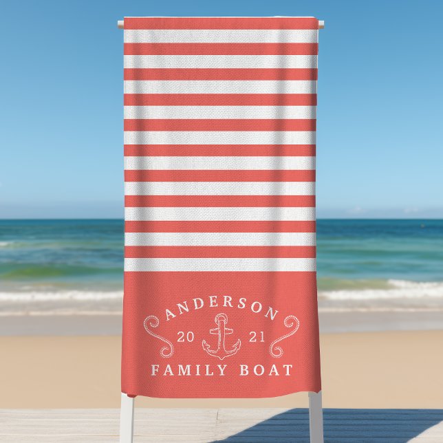 Family Boat Nautical Anchor Personalised Coral Beach Towel (Creator Uploaded)