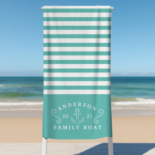Family Boat Nautical Anchor Personalised Teal Beach Towel (Creator Uploaded)