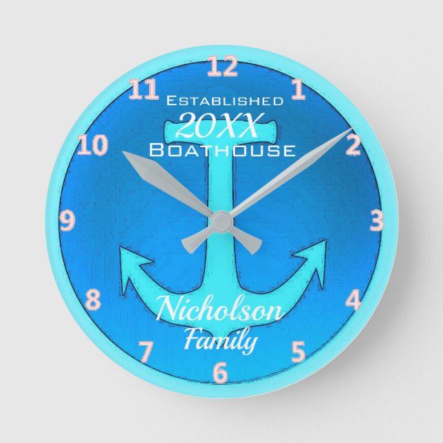 Family Boathouse Large Personalized in Blue Round Clock (Front)