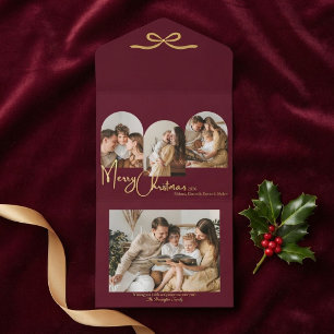Family Burgundy Gold Elegant Christmas Arch Bow All In One Invitation