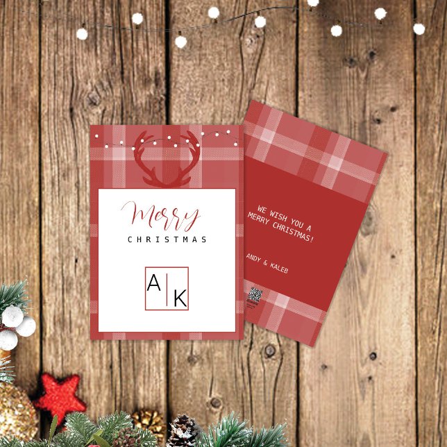 Family Burgundy Tartan Monogram Holiday Card (Creator Uploaded)