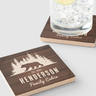 Family Cabin Bear Pine Wood Stone Coaster